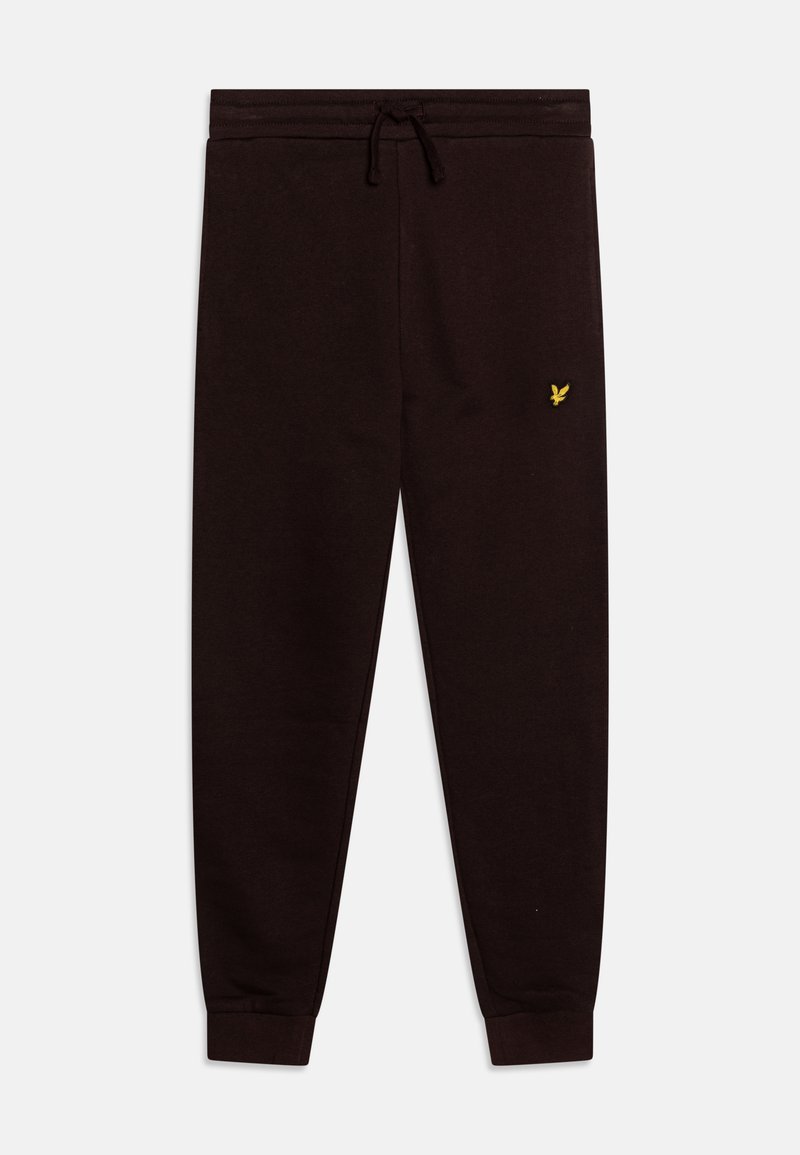 Čierne tepláky s viazaním v páse, rebrovanými manžetami a malým žltým logom na ľavom stehne. Vyrobené z mäkkej tkaniny, so strihom rovného nohavicu.