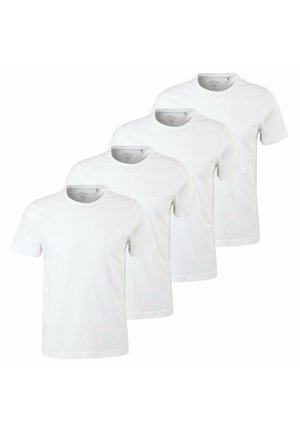 Vier schlichte weiße Kurzarm-T-Shirts mit Rundhalsausschnitt, in einem versetzten überlappenden Layout auf weißem Hintergrund angeordnet.