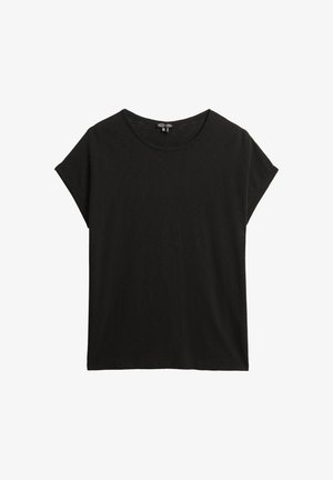 Czarna, krótko rękawowa koszulka w luźnym kroju z okrągłym dekoltem, wykonana z miękkiego, lekkiego materiału, z podwiniętymi rękawami.