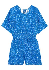 Blå blommig kort romper gjord av lättviktig tyg. Har korta ärmar, frunad midja och knytning i ryggen. Vitt blommönster.