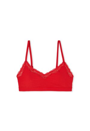 Bralette rojo con tirantes finos ajustables y ribete de encaje a lo largo del borde superior, diseñado para soporte ligero y comodidad.