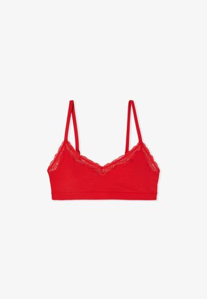 Bralette rouge avec bretelles fines réglables et bordure en dentelle le long du bord supérieur, conçu pour un soutien léger et un confort optimal.