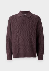 Dark purple knit polo sweater with a textured pattern, featuring a buttoned collar and ribbed cuffs, offering a relaxed fit.