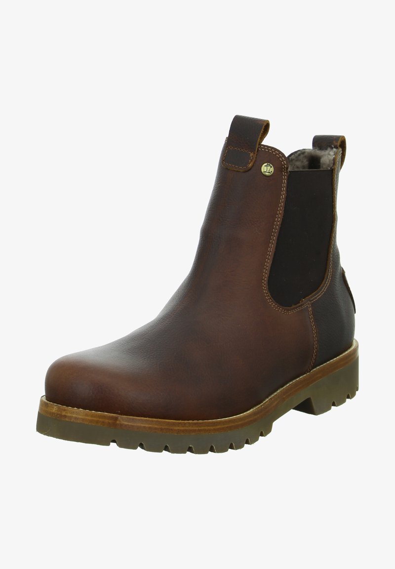 Bota Chelsea de couro castanho com painéis laterais elásticos, sola de borracha robusta e textura suave. Apresenta uma alça para fácil colocação.