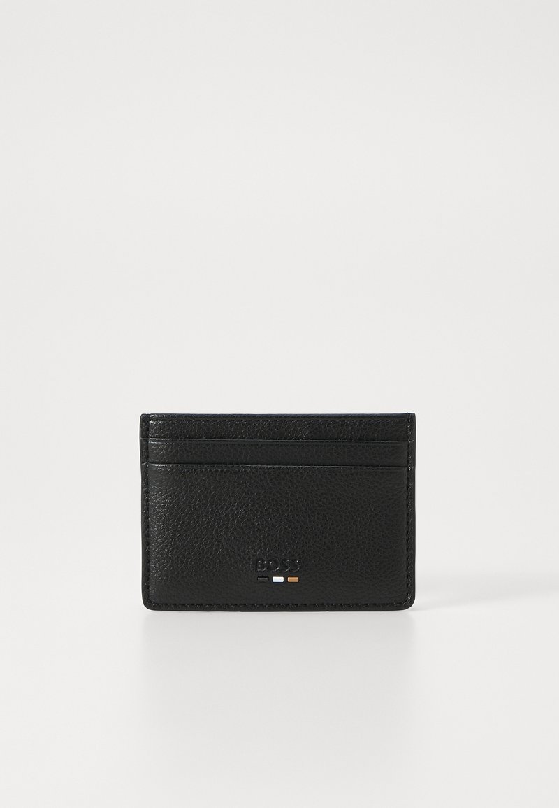 Portofel de carduri din piele neagră cu finisaj texturat, având cinci sloturi și logo embosat. Design minimalist cu accente de culoare subtile.