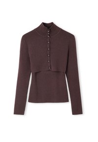 Dunkelbraunes Langarmoberteil mit hohem Stehkragen, ausgestattet mit einer geknöpften Vorderseite und einem cropped Design, aus weichem Strickmaterial gefertigt.