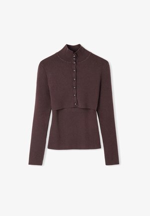 Maglietta a maniche lunghe marrone scuro con collo alto a mock, presenta una patta frontale con bottoni e un design cropped, realizzata in morbido materiale a maglia.