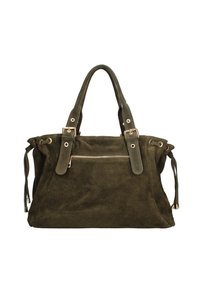 Groene suède handtas met dubbele bovenhandvatten, een voorkant met ritszak en gouden hardware-accenten. Bevat verstelbare zijkleppen.