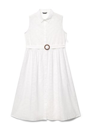 Abito midi bianco senza maniche con colletto, apertura con bottoni sul davanti, motivo floreale delicato e cintura con fibbia rotonda in legno in vita.