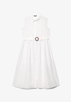 Robe midi blanche sans manches avec col, boutonnage devant, motif floral subtil et ceinture avec boucle ronde en bois à la taille.