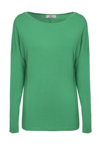 Langärmliges grünes Shirt aus weichem Stoff, mit einem weiten Ausschnitt und lockerer Passform. Glatte Textur mit minimalen Nähten und ohne Muster.