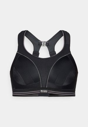 Black sports bra with a textured finish, featuring a crisscross back design, adjustable straps, and a logo on the lower band.