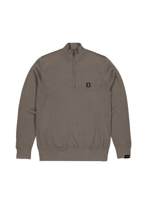 Brauner Pullover mit Reißverschluss und strukturierter Strickmuster, gerippten Bündchen und Saum sowie einem kleinen Logopatch auf der Brust.