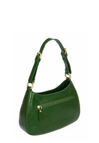 Sac à main en cuir vert foncé avec une bandoulière réglable, une quincaillerie dorée et une poche zippée à l'extérieur d'un côté.