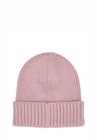 Cappello di lana a maglia di colore rosa chiaro, con una fodera a coste piegabile, texture morbida e design della corona senza cuciture.