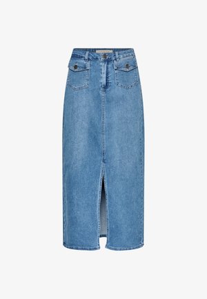 Fustă midi din denim, de culoare albastru deschis, cu o despicătură în față. Dispune de două buzunare cu nasturi și un design clasic al taliei cu accente de cusături vizibile.