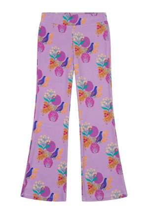 Paarse uitlopende broek met een bloemen- en vogelprint in oranje, roze en groen. Gemaakt van zacht, rekbaar materiaal met een elastische tailleband.