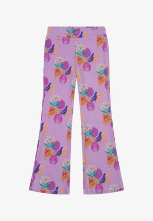 Paarse uitlopende broek met een bloemen- en vogelprint in oranje, roze en groen. Gemaakt van zacht, rekbaar materiaal met een elastische tailleband.
