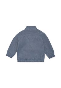 Giacca leggera di colore azzurro, con colletto, maniche raglan e orlo elasticizzato. Tessuto testurizzato, senza hardware visibili né tasche. Vista posteriore.