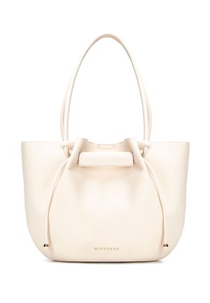 Borsa tote in pelle color crema con manici lunghi, dettagli con coulisse e logo in metallo dorato al centro in basso.