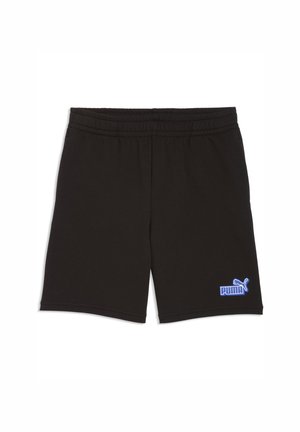 Pantalones cortos con cintura elástica negra y logo azul de Puma en la parte inferior derecha, colocados en plano sobre fondo blanco.