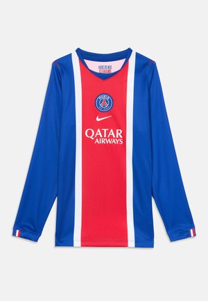 Blaues langärmeliges Paris Saint-Germain Fußballtrikot mit roten und weißen Streifen auf der Vorderseite, Logos von PSG, Nike und Sponsor Qatar Airways.