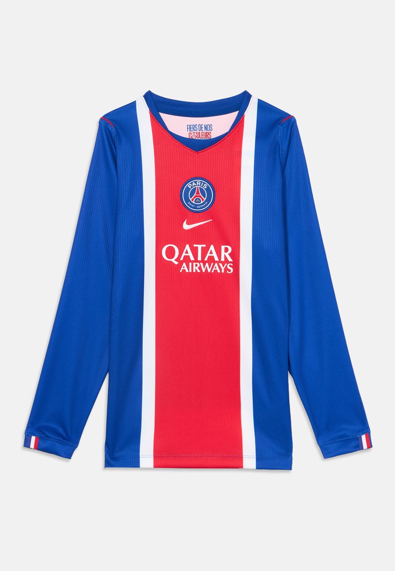 Μπλε ποδοσφαιρική φανέλα Paris Saint-Germain με μακριά μανίκια, κόκκινες και λευκές ρίγες μπροστά και λογότυπα PSG, Nike και χορηγού Qatar Airways.
