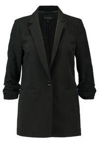 Svart blazer med en knappknäppning, slagkrage och uppvikta ärmar. Har två framfickor och en slät, skräddarsydd design.