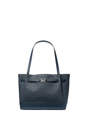 Granatowa torba typu tote Michael Kors z monogramem MK, skórzaną podstawą, dwoma paskami na ramię oraz srebrną klamrą z logo MK z przodu.