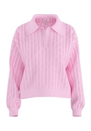 Pink strikket langærmet sweater med åbent vævede lodrette striber og en bred krave med en kort V-udskæring.