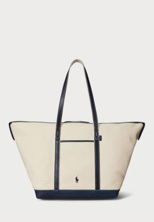 LEATHER TRIM CANVAS LARGE SHOPPER TOTE - Geantă de pânză - ecru/navy