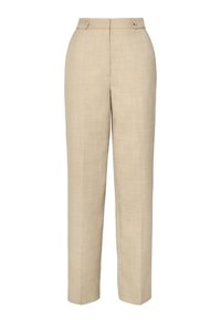 Pantalons beiges sur mesure en tissu lisse et texturé, taille haute et deux boutons à l'avant. Ils présentent une coupe droite et un minimum de coutures.