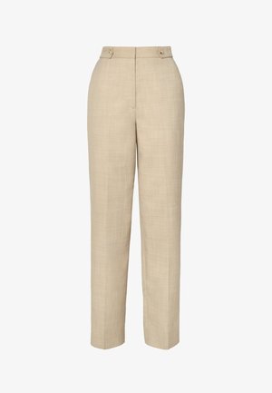 Beige op maat gemaakte broeken van een gladde, gestructureerde stof, hoge taille en twee voorknopjes. Heeft een recht gesneden pijp en minimale stiksels.