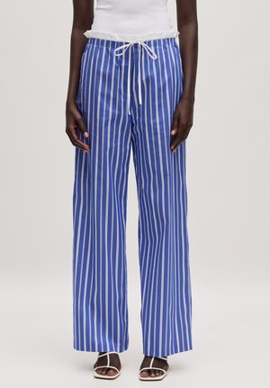 Blue and white striped wide-leg pants with a drawstring waist. Made of lightweight fabric, with a smooth texture and a relaxed fit.
