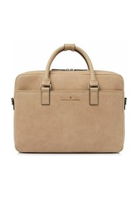 Beige Leder-Laptoptasche mit zwei Griffen, Reißverschluss, minimalistischem Design, Logodetail und verstellbarem Schultergurt. Glatte Textur.