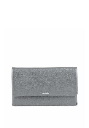 Gray leather wallet with a textured surface, flap closure, and visible logo. Rectangular shape with stitched edges, designed for compact storage.