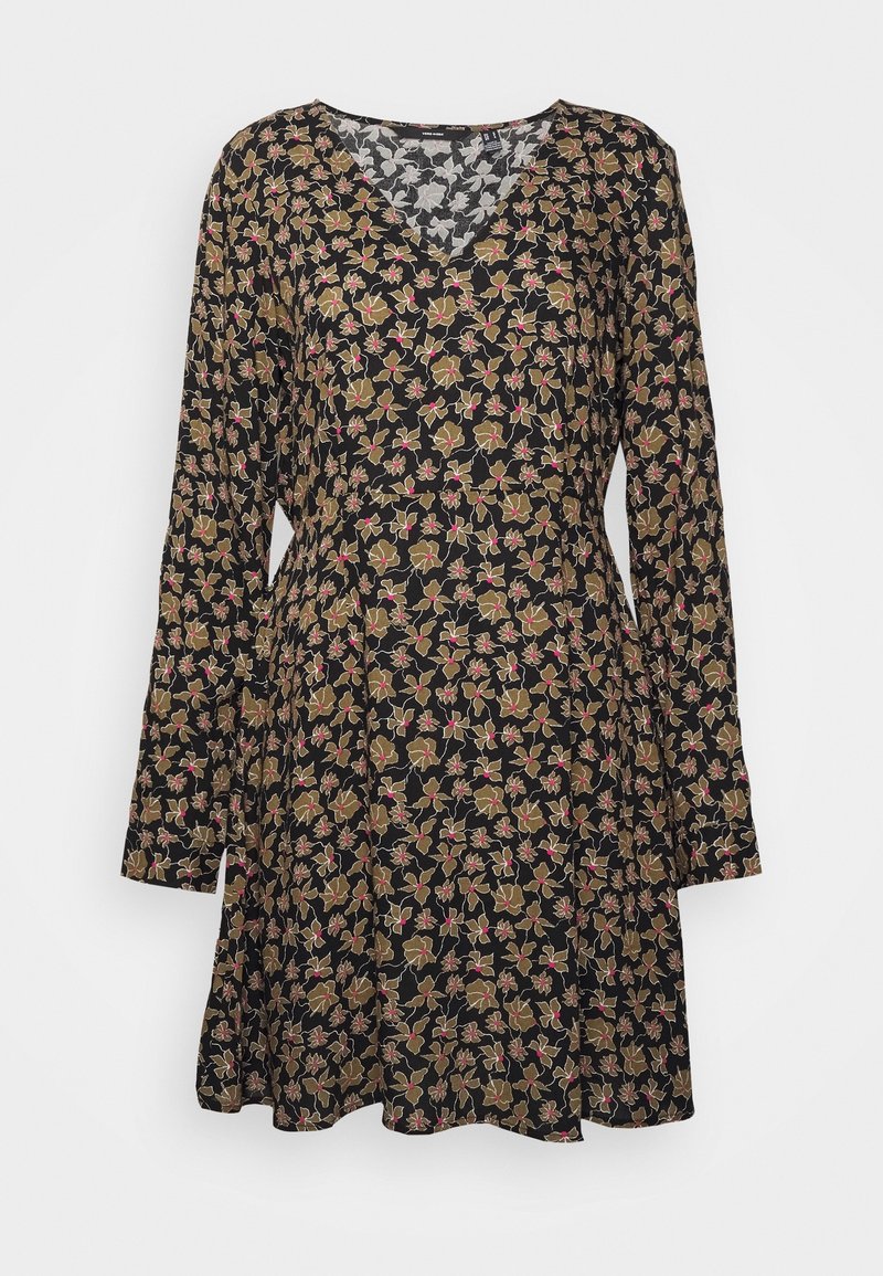 Svart långärmad klänning med ett blommotiv i rosa och grönt, V-ringning och en utsvängd kjol. Mjuk tygkvalitet.