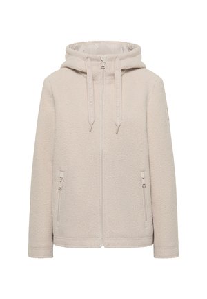 Hoodie en polaire beige flou avec fermeture éclair à l'avant, capuche ajustable à cordon de serrage et deux poches latérales zippées. Texture douce, design décontracté.