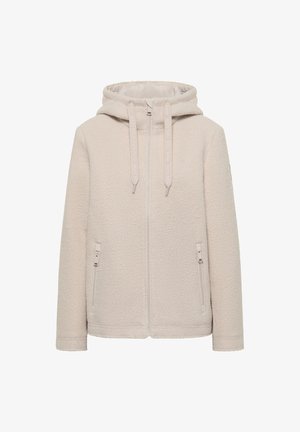 Felpa in pile beige con zip sul davanti, cappuccio con coulisse regolabile e due tasche laterali con zip. Texture morbida, design casual.