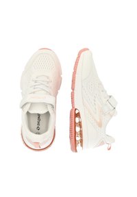White athletic shoes with a breathable mesh upper, pink accents, a secure strap, and a cushioned air sole for comfort.