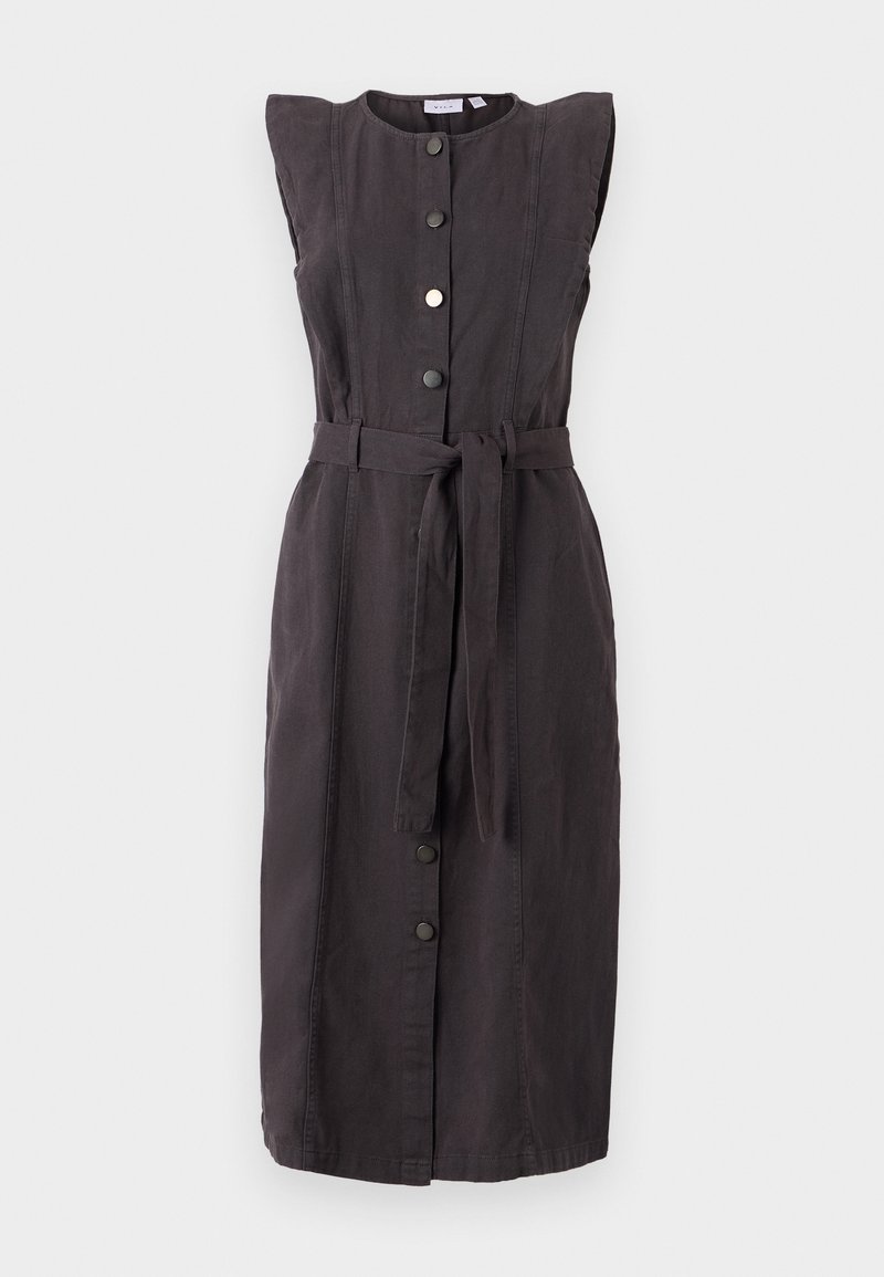 Dunkelgraues Leinenkleid mit kurzen Puffärmeln, fünf Knöpfen auf der Vorderseite, einem taillierten Gurt und Seitentaschen. Glatte Textur und Midi-Länge.