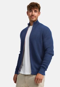 Jonge man staand, gekleed in een gestructureerde blauwe trui met rits over een wit T-shirt en beige broek, tegen een effen lichte achtergrond.