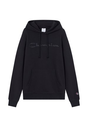 Felpa nera con cappuccio in tessuto morbido, dotata di tasca a marsupio frontale, coulisse e logo "Champion" in corsivo sul petto.