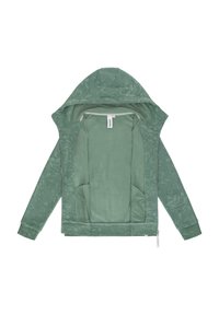 Felpa verde con motivo floreale, texture morbida, chiusura con zip, tasche frontali e cappuccio foderato. L'interno presenta un tessuto verde solido abbinato.