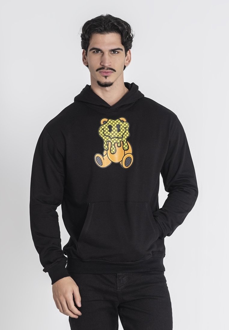 Hoodie nero con un grafico vivace di un orso sul petto, con una tasca frontale e polsini e orlo a coste. Tessuto liscio.