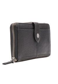 Black leather wallet with a zip closure, smooth texture, front flap with a button snap, and visible stitching detail.
