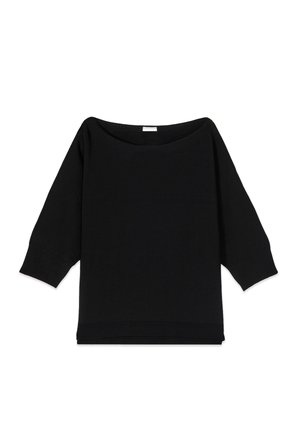 Suéter de punto para mujer negro con escote bote y mangas acanaladas de tres cuartos, extendido sobre un fondo blanco.