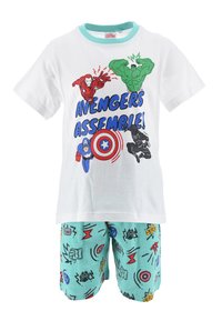White cotton t-shirt with Avengers graphic and text; mint green shorts featuring various superhero icons and patterns.