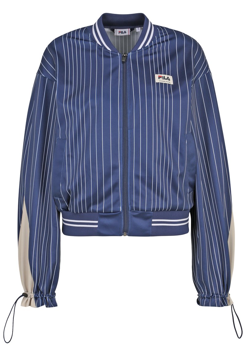 Giacca bomber Fila blu navy con strisce verticali bianche, zip frontale, colletto e orlo a costine, e cordini regolabili sulle maniche.