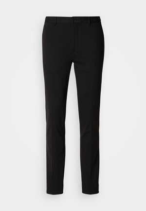 Black trousers with a slim fit, featuring a button closure and belt loops. Made of smooth fabric with a slight sheen, no visible patterns.